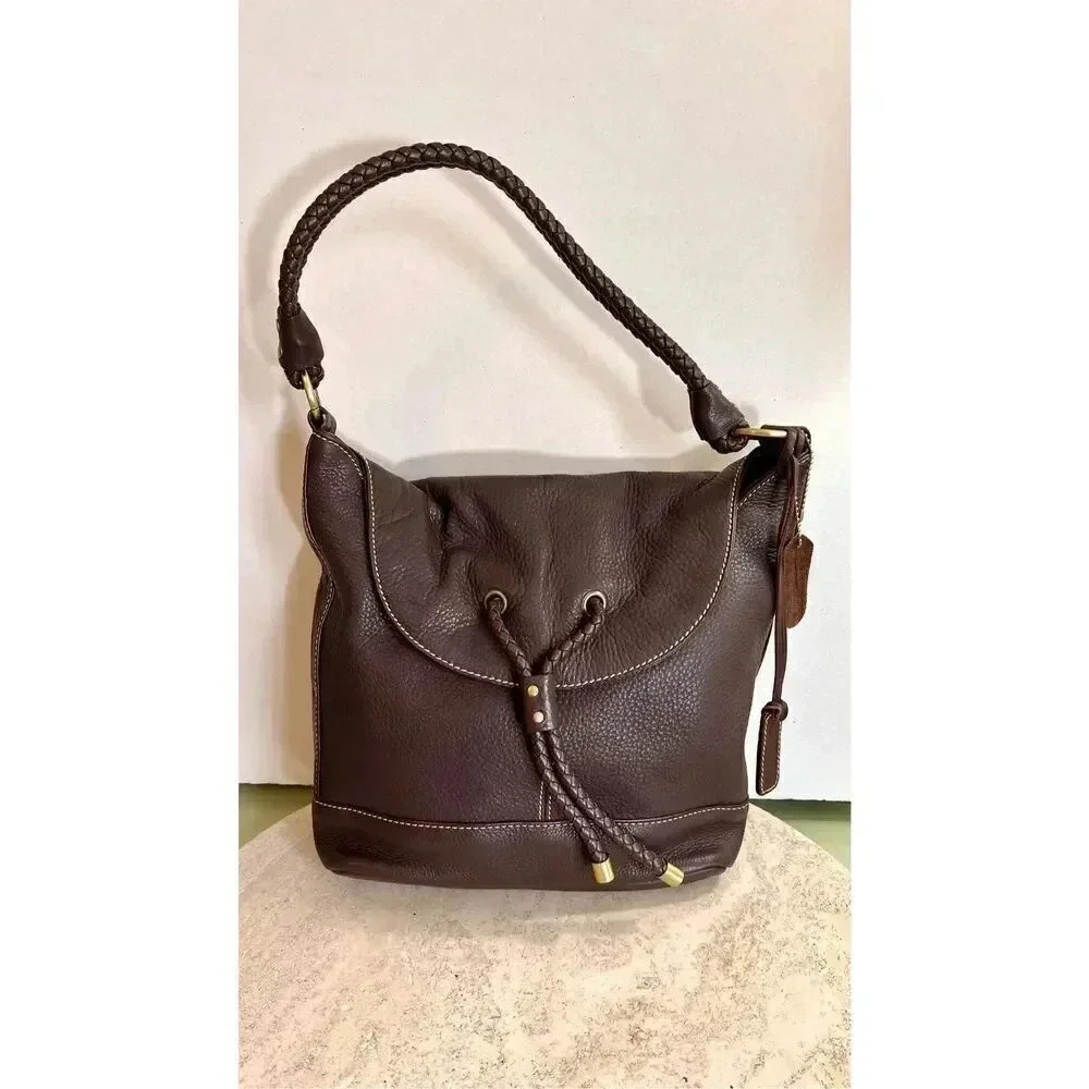 Vintage Chaps Est. 1978 Womens‎ Brown Genuine Leather Braided Strap Shoulder Bag
